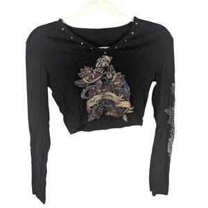 Urban Outfitters True Love Cropped Long Sleeve Studded Grunge Tattoo Shirt Small